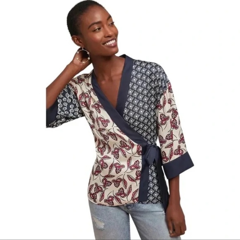 Meadow Rue by Anthropologie Multi Print Kimono Style Wrap Top - Picture 2 of 11